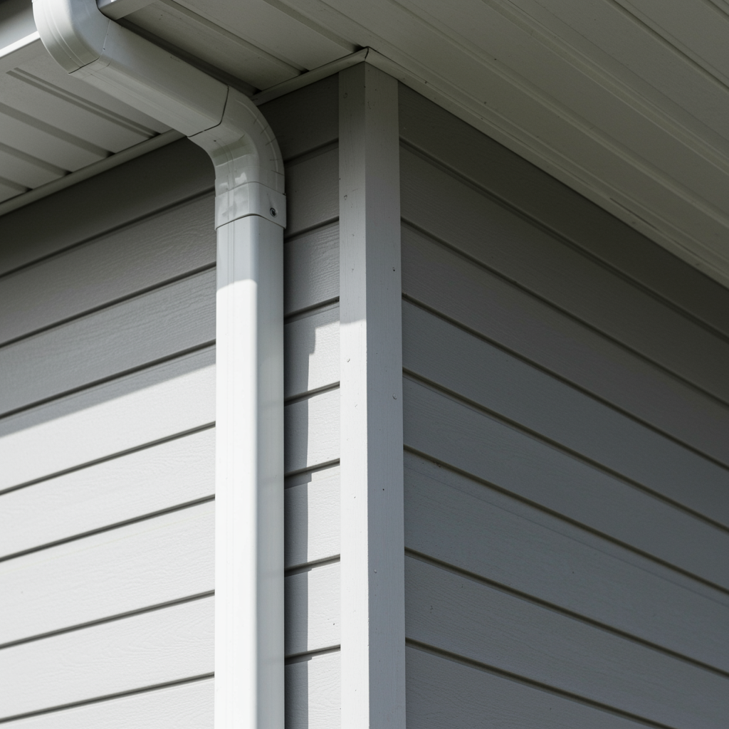 Freshly cleaned downspout attached to a home's gutter system with water flowing away, showcasing professional gutter cleaning service.