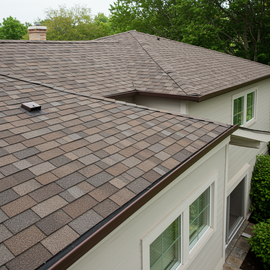 Pristine home roofline with freshly cleaned gutters and downspouts, surrounded by vibrant landscaping, Sarasota FL